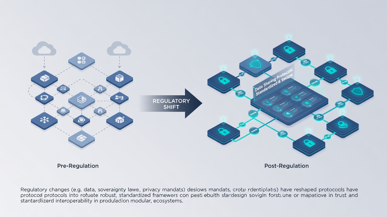 Diagram showing encrypted data flows between modular software components with consent verification checkpoints