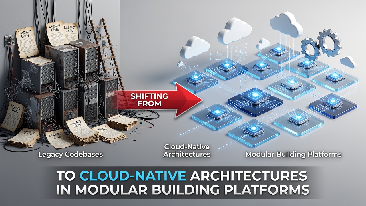 Cloud infrastructure diagram showing microservices for modular construction data flows and real-time monitoring